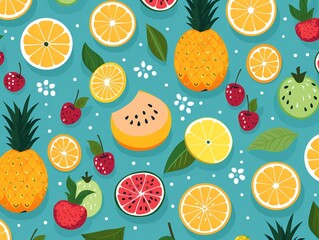 Simple colorful fruits, vibrant summer palette, seamless pattern, flat vector style for textile printing ,  pattern