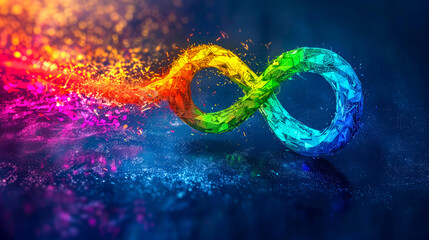 Sign of an endless rainbow on dark blue gradient background. Symbol of movement for rights and acceptance of autism. World Autism Awareness, Neurodiversity Day. Neuro disorder. Copy space.