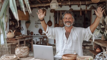 Man celebrating victory at laptop, expressing joy and success in online achievement