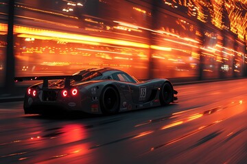 A dynamic shot of a racing car's sleek silhouette against the backdrop of a city skyline, the urban landscape blurring past as it speeds towards victory