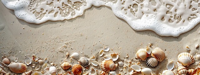 A seascape with waves, various seashells, and starfish on sandy background.