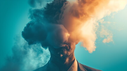 Businessmans head is obscured by a fluffy white cloud, creating a surreal effect