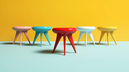 Colorful retro ceramic side tables isolated on a colored background