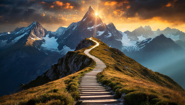 Illuminated path leading to success, with a radiant mountain peak ahead