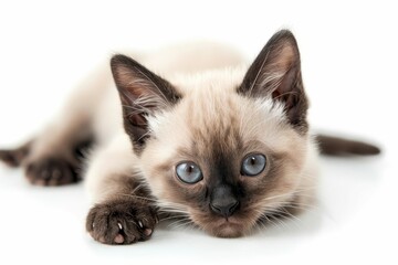 adorable chocolate point burmese kitten lying down looking at camera isolated on white