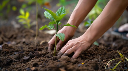 Protecting Our Planet, Close-up of a person hands planting a young tree