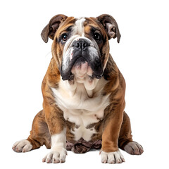 Front view of a Bull dog sitting on isolated transparent background
