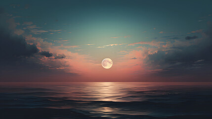 Digital realistic illustration of full moon over the sea poster web page PPT background
