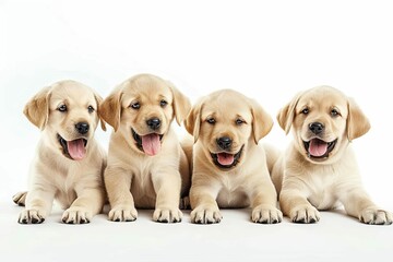 adorable group of golden labrador retriever puppies isolated on pristine white background