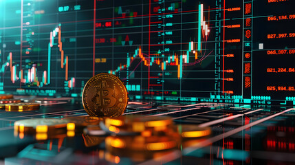 Cryptocurrency in the Digital Age: Golden Bitcoin Amidst Blue Binary Code