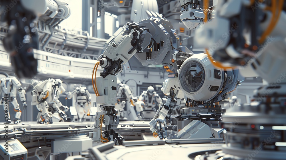Fototapete craft a detailed digital render of an eye-level angle view capturing a sleek, futuristic robot assem
