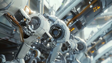 Fototapeta premium Craft a detailed digital render of an eye-level angle view capturing a sleek, futuristic robot assembly line, emphasizing precision and efficiency with CG 3D rendering