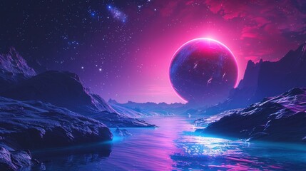 Futuristic fantasy landscape, sci-fi landscape with planet, neon light, cold planet. Galaxy, unknown planet. Dark natural scene with light reflection in water. Neon space galaxy portal. 3d