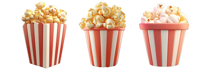 PNG popcorn 3d icons and objects collection, in cartoon style minimal on transparent, white background, isolate