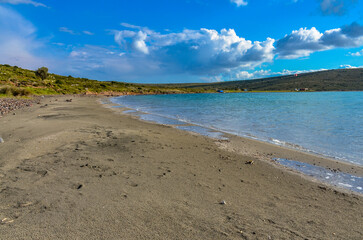scenic view of Yumru Koyu Bay and Bozolan Burnu Cape near Alacati (Izmir province, Turkey)	
