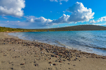 scenic view of Yumru Koyu Bay and Bozolan Burnu Cape near Alacati (Izmir province, Turkey)	