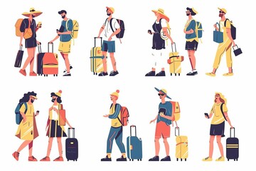 adventurous tourists with luggage embarking on exciting vacation character illustration set