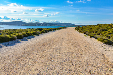 Yumru Koyu Bay scenic view from primitive road on Bozolan Burnu Cape near Alacati (Izmir province,...