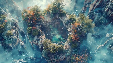Craft a digital CG 3D artwork showcasing a top-down perspective of a mental landscape, blending symbolic elements of the psyche with ethereal mythical beasts in a harmonious union