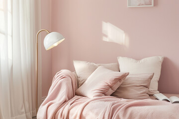 A peaceful blush pink bedroom retreat with a comfortable reading nook and a modern floor lamp.