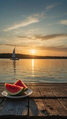 Watermelon slice on wooden dock over water with sunset