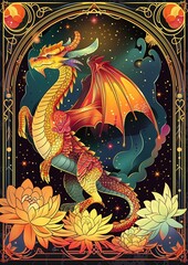 Photo of a bright stylish poster with an ancient dragon