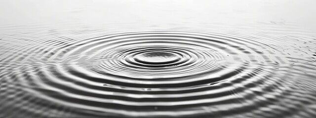 Close-up of a single water droplet creating symmetrical ripples on a still water surface. Black and white style