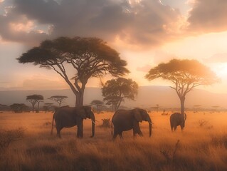photo of elephants in the savannah,with warm tones and soft lighting creating a serene atmosphere.