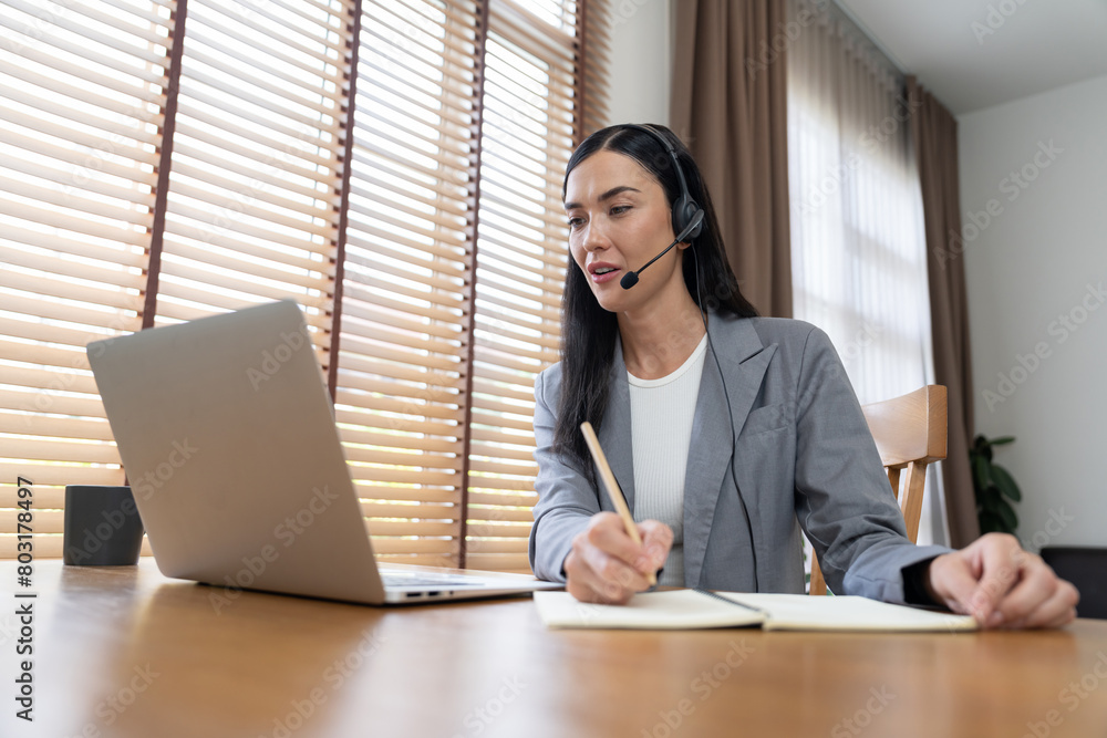 Aufkleber female call center operator or customer service helpdesk staff working on workspace while talking on
