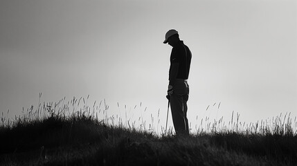 Silhouetted golfer standing golf course and contemplating a serene. Generative AI