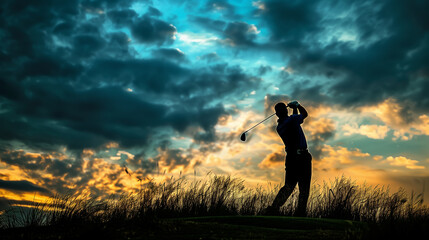 Golfers hit sweeping golf course at sunset. Generative AI