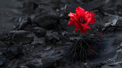 A red flower with black soil legs growing on the ground  AI generated image.