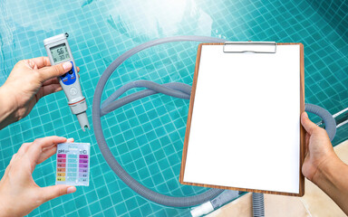 Water tester test kit and digital water tester with blank paper on clipboard over swimming pool,...