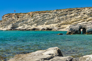 sandstone rocks and pebble cove beach of Delikli Koy near Alacati (Izmir province, Turkiye)	