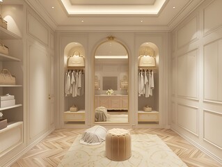 Women's cloakroom, with mirror, about 6 square meters, global illuminations, well-structured, neoclassical style, exquisite craftsmanship, simple and elegant