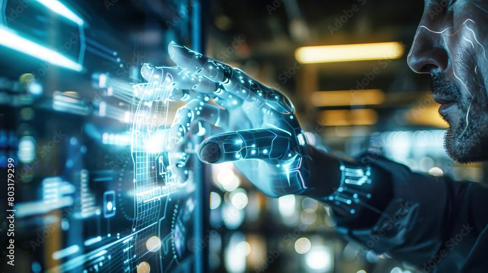 Poster a man explores the future by interacting with a futuristic interface using his hand, bridging the ga