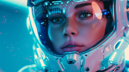 A woman in a space suit with a glowing blue background. The woman is looking at the camera