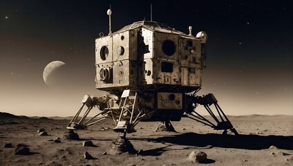 A spectral lunar module looms ominously in a sepia-toned photograph
