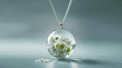 create a realistic and luminous image of a silver delicate chain necklace with a glass sphere pendant containing real daisy flowers, set against a minimal background