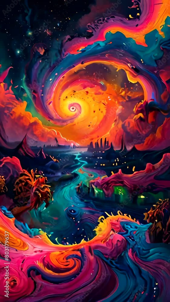 Poster a kaleidoscopic vision of a cosmic swirl, where vibrant galactic hues and abstract celestial forms c