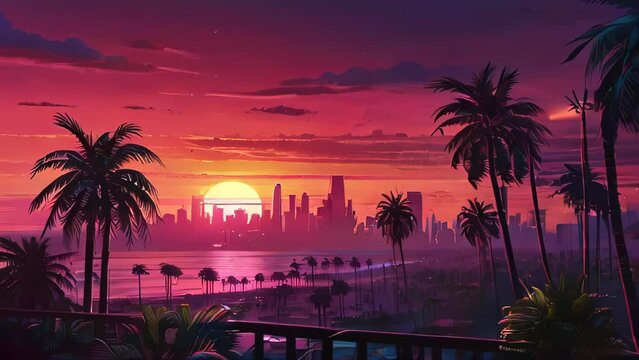 Sunset over a city skyline, with a GTA-inspired aesthetic featuring silhouetted palm trees and a reflective water surface, exuding a vaporwave vibe - Powered by Adobe