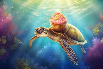 Dive into a frontal view of an underwater world teeming with vibrant coral reefs and exotic sea creatures, all crafted in photorealistic detail Incorporate the allure of culinary arts with a giant sea