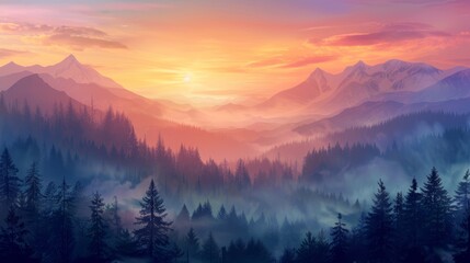 Sunrise landscape with misty forest, distant mountains and sunrise sky