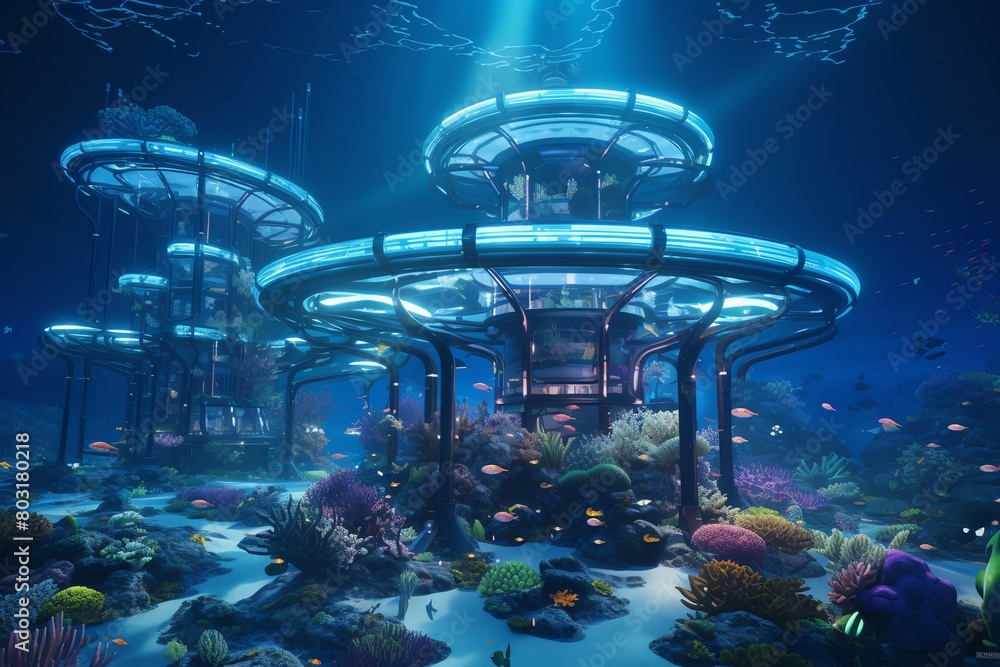 Fototapete Dive into the realm of 3D rendering techniques to depict AI innovations beneath the waves Use photorealistic textures to bring to life an underwater landscape teeming with futuristic elements and surp