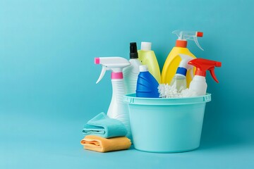 assortment of essential cleaning supplies and products in plastic bucket housekeeping - Powered by Adobe