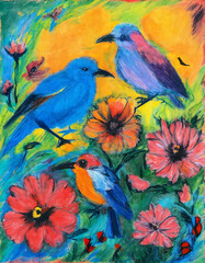 abstract background with birds and flowers.
