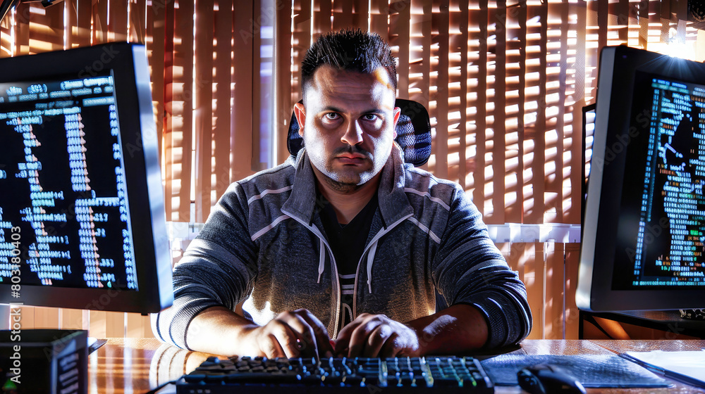 Poster a man sitting at a desk, intensely focused on his computer screen, with code scrolling down rapidly