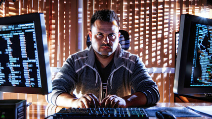 A man sitting at a desk, intensely focused on his computer screen, with code scrolling down rapidly