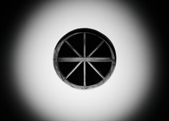 Circle shaped black & white wooden window object backdrop