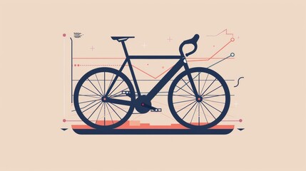 Minimalist red bicycle illustration with schematic overlay on orange background